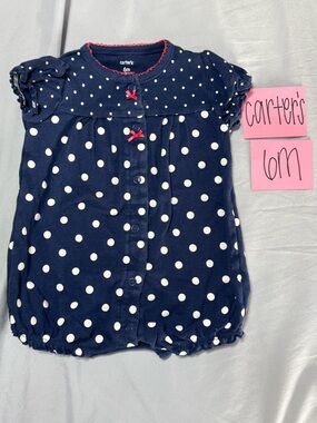 NWOT Carter's Navy Polka Dot Ruffle Sleeve Strawberry Baby Romper - 6M